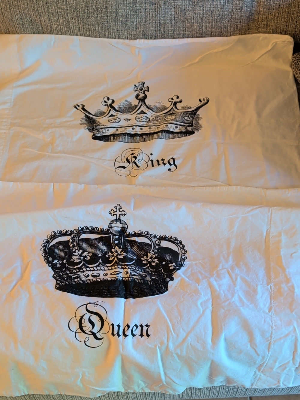 King and Queen Crown Pillowcase Set - White with Black Crown Print